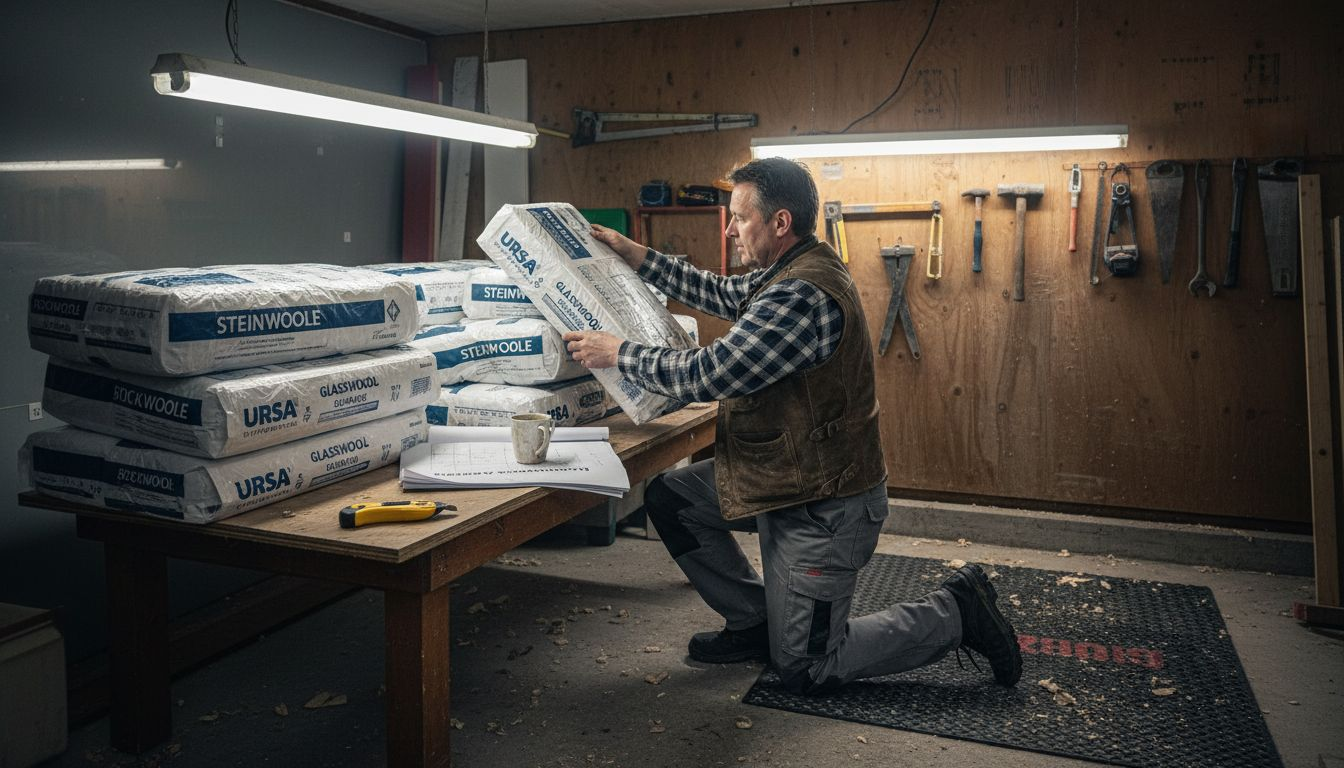 Ein Handwerker stellt das Material für die Dachdämmung sorgfältig zusammen.