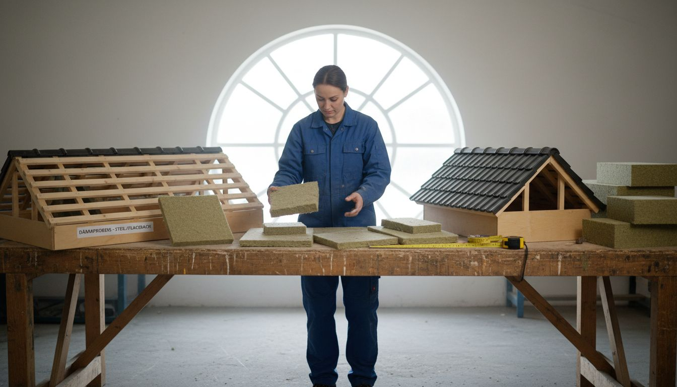 Eine Dachdeckerin prüft unterschiedliche Materialien zur Dämmung auf ihre Qualität und Eignung.