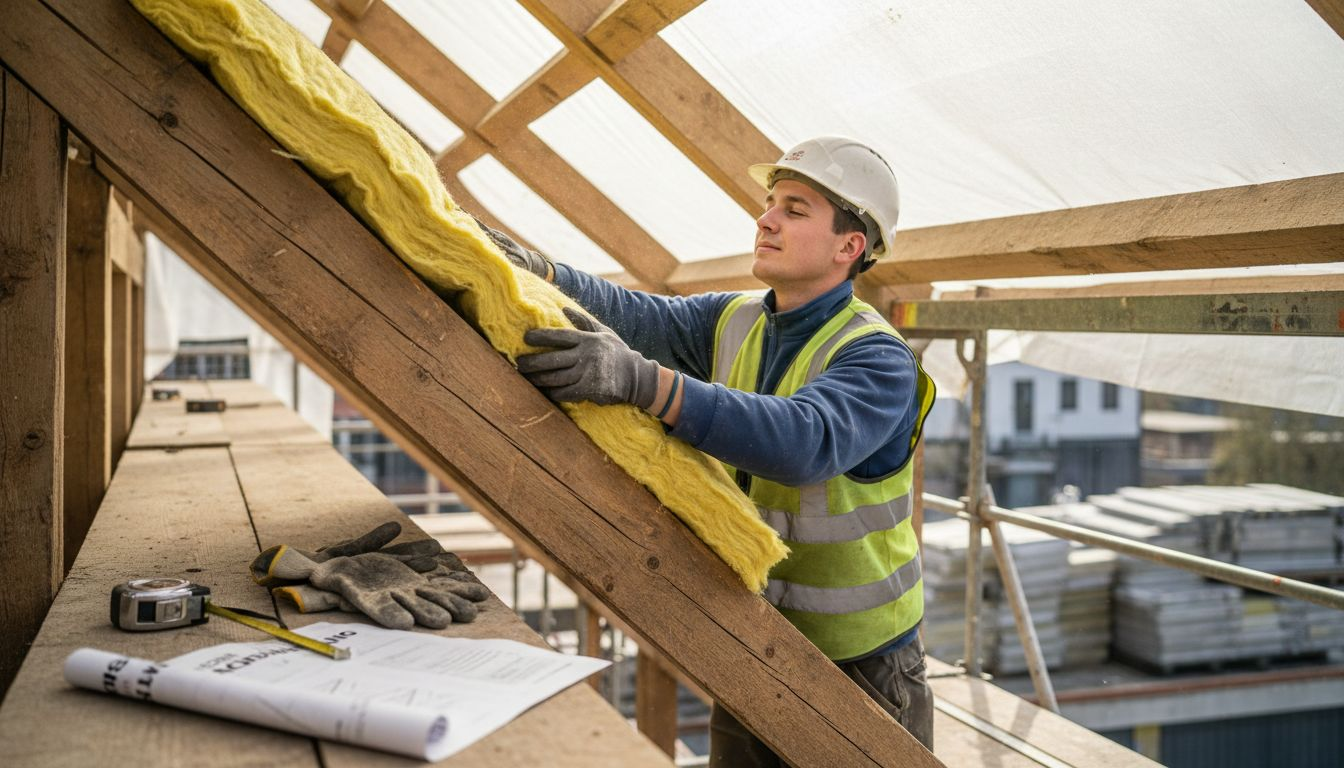Ein Handwerker bringt Dämmmaterial zwischen die schrägen Dachbalken an.
