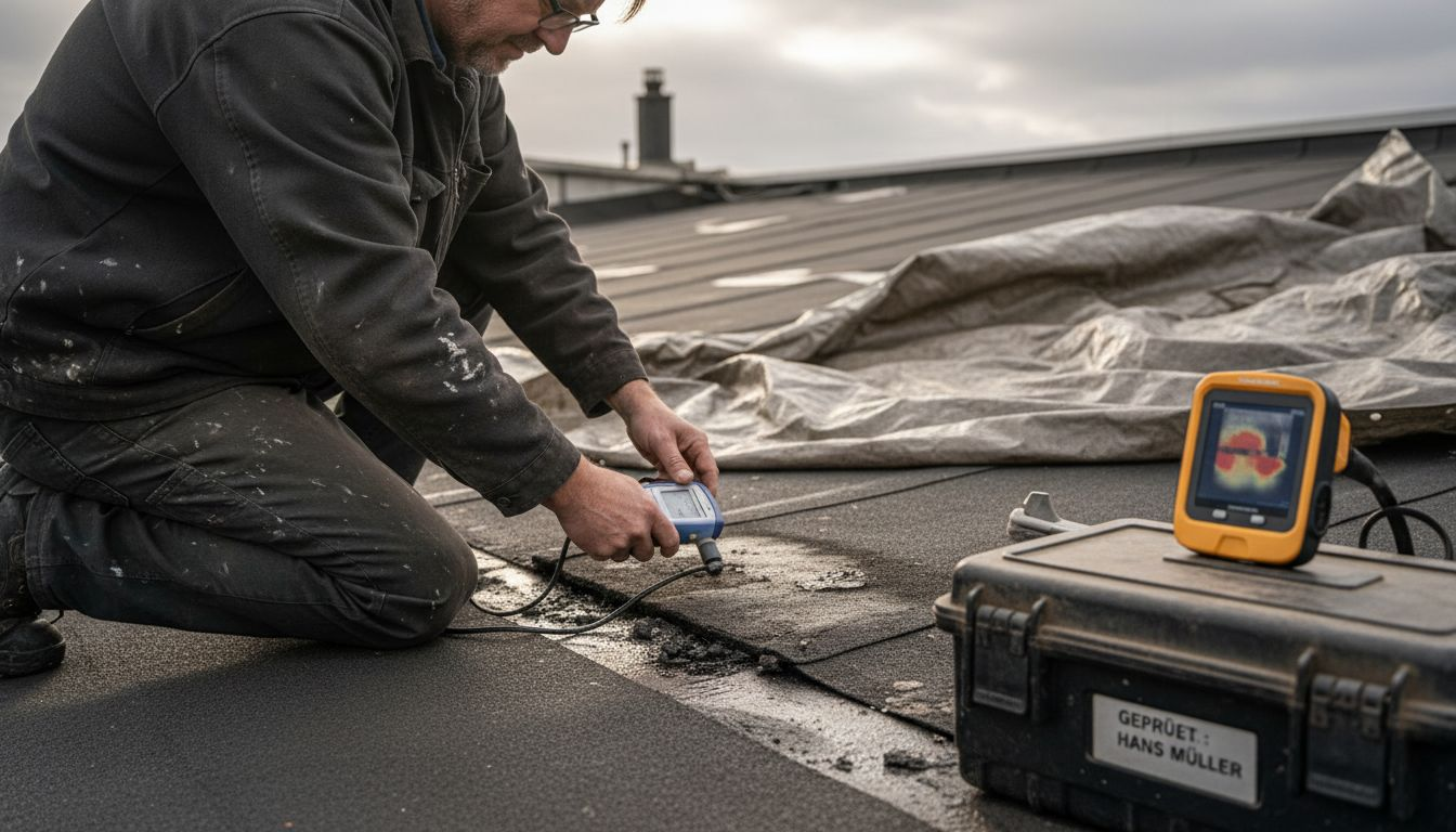 Ein Techniker überprüft das Flachdach auf Feuchtigkeit.