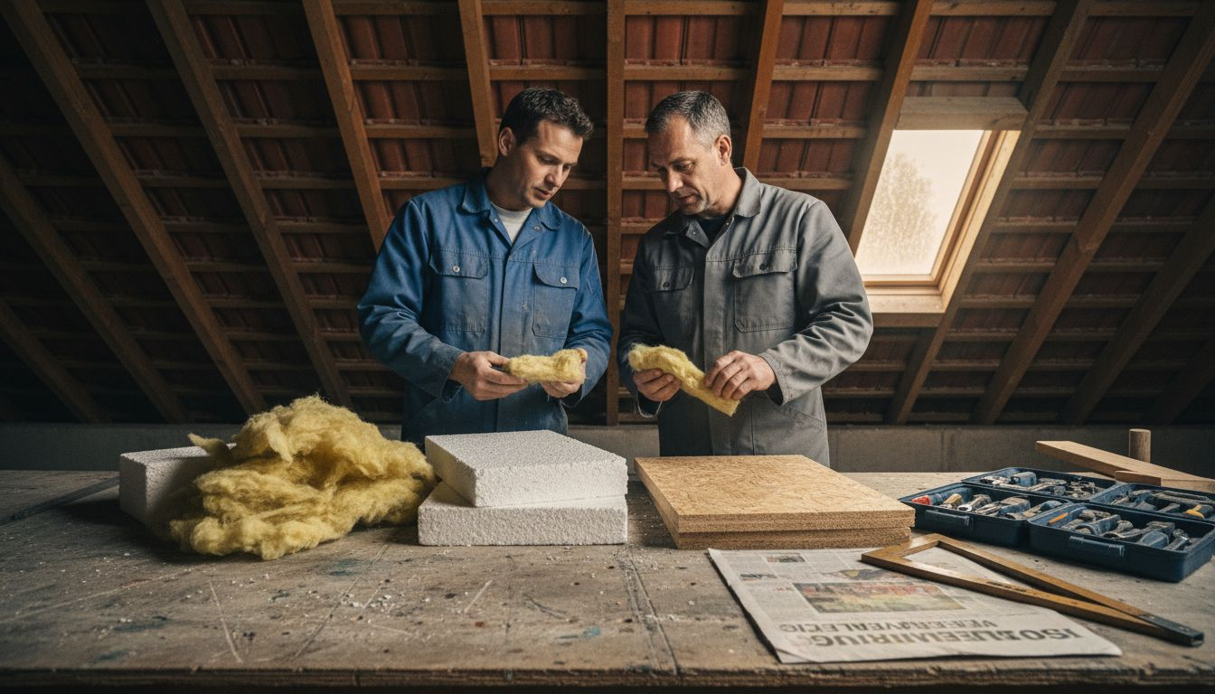 Auf der Werkbank sind verschiedene Dämmmaterialien übersichtlich ausgelegt.