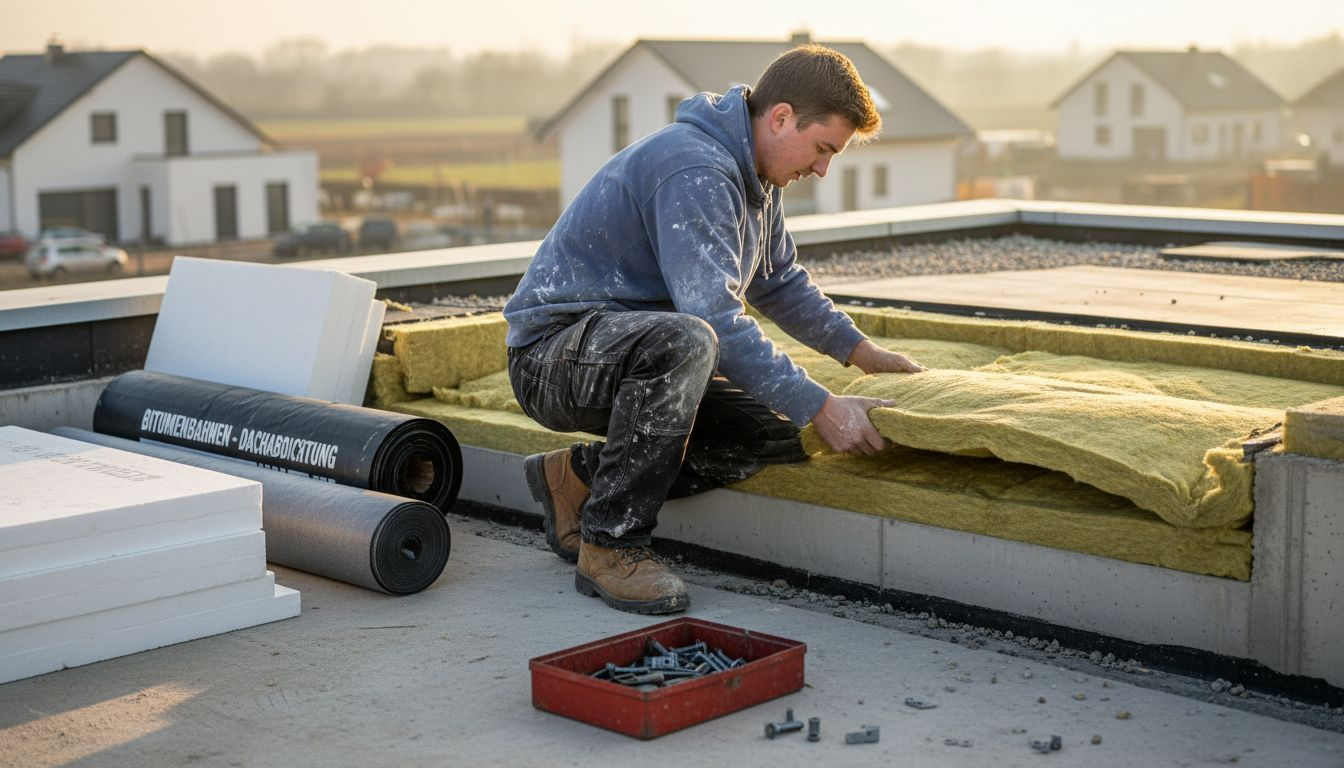 Ein Handwerker richtet die Dämmschichten auf einem Flachdach sorgfältig aus.