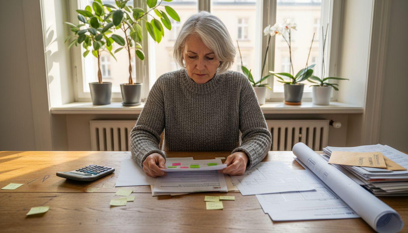 Eine Energieberaterin nimmt am Schreibtisch die Unterlagen für den Förderantrag genau unter die Lupe.