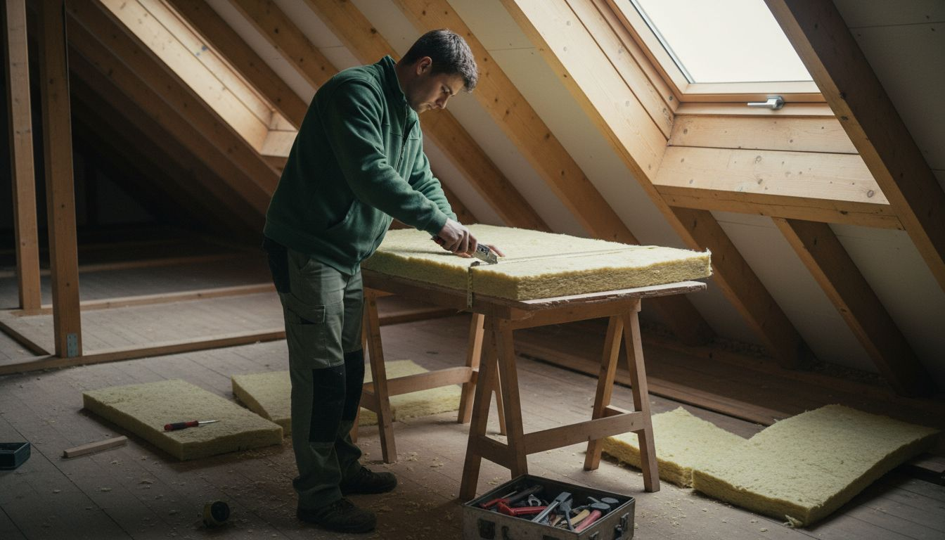 Ein Handwerker bringt die Dämmung auf Maß und schneidet die Matten passgenau zu.