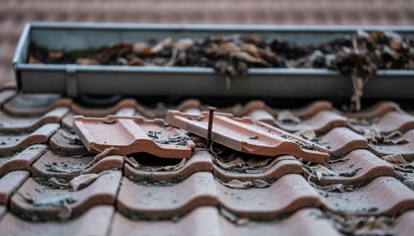 Beschädigte Dachziegel und eine defekte Regenrinne am Satteldach sollten zeitnah repariert werden, um Folgeschäden zu vermeiden.