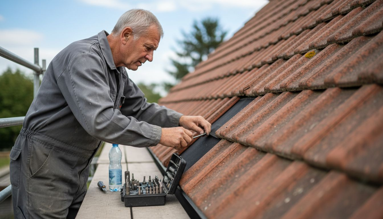 Ein Handwerker kontrolliert die Dachabdichtung vom Gerüst aus.