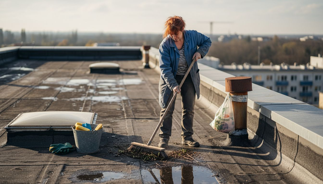 Eine Frau fegt den Schmutz vom Flachdach.