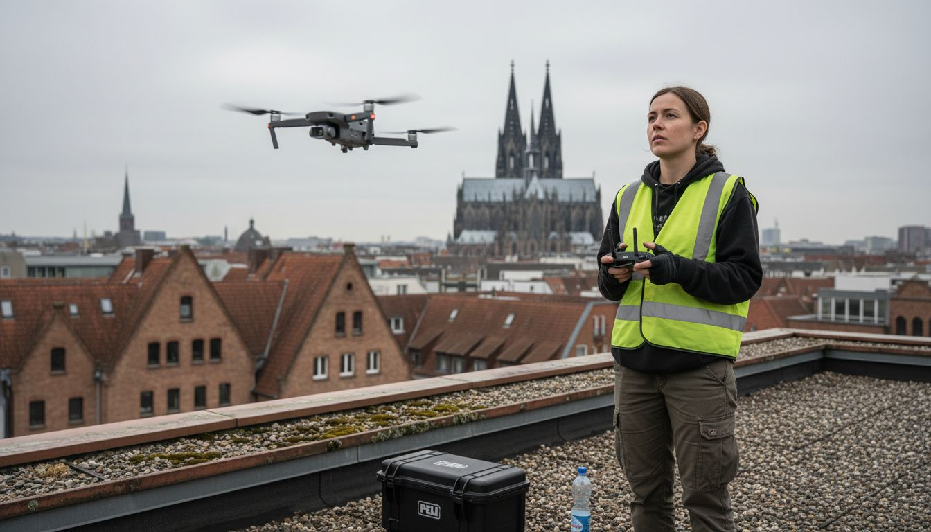 Ein Fachmann überprüft das Dach mithilfe einer Drohne auf moderne und effiziente Weise.