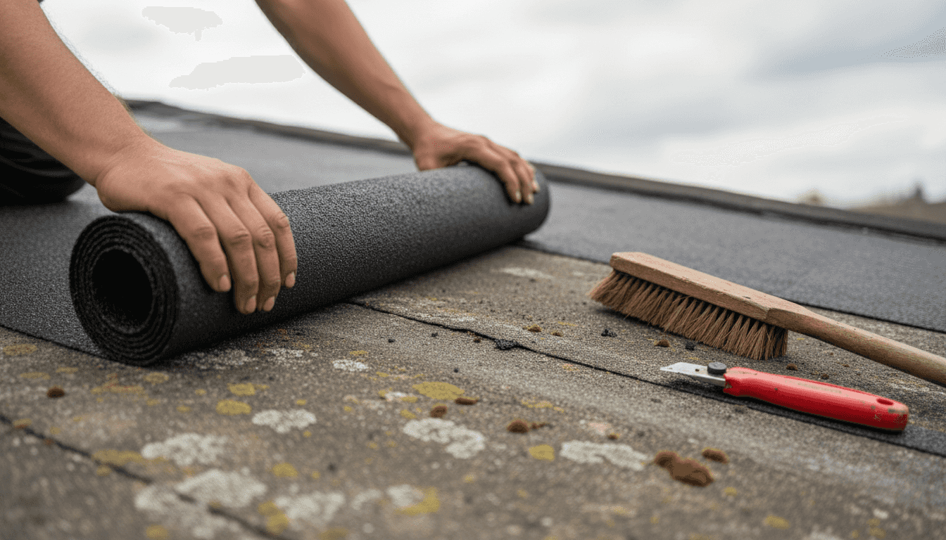 Auf dem Garagendach wird eine neue Bitumenabdichtung aufgebracht.