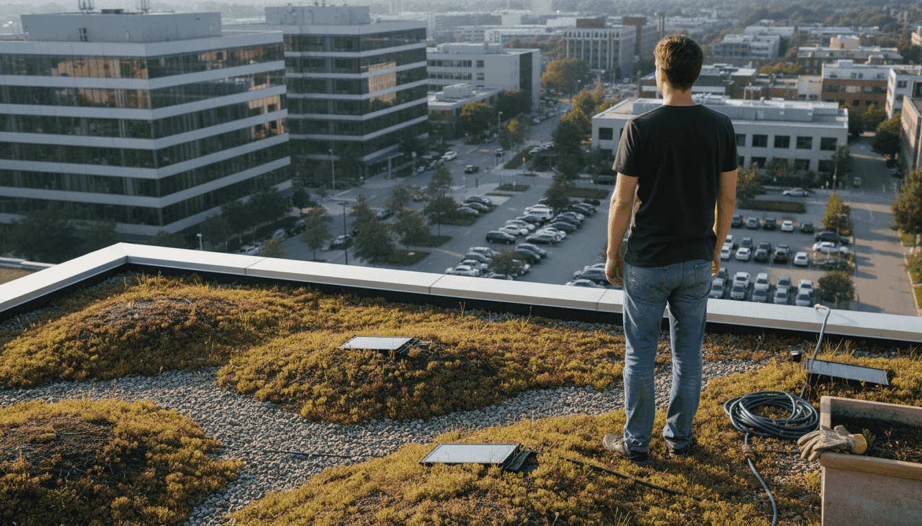 Ein Hausbesitzer genießt die Aussicht von seinem begrünten Dach mit Blick auf die Skyline der Stadt.