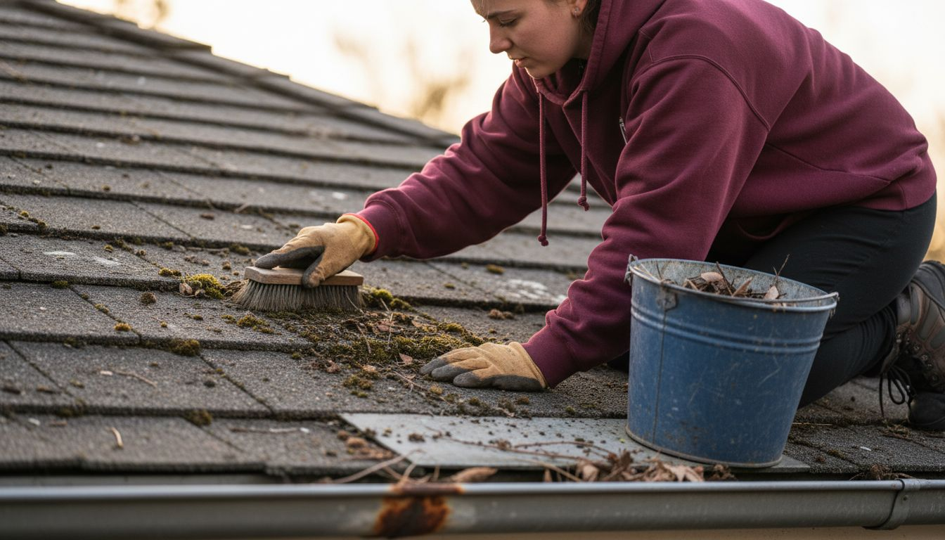 Eine Frau entfernt Moos und Laub vom Hausdach.