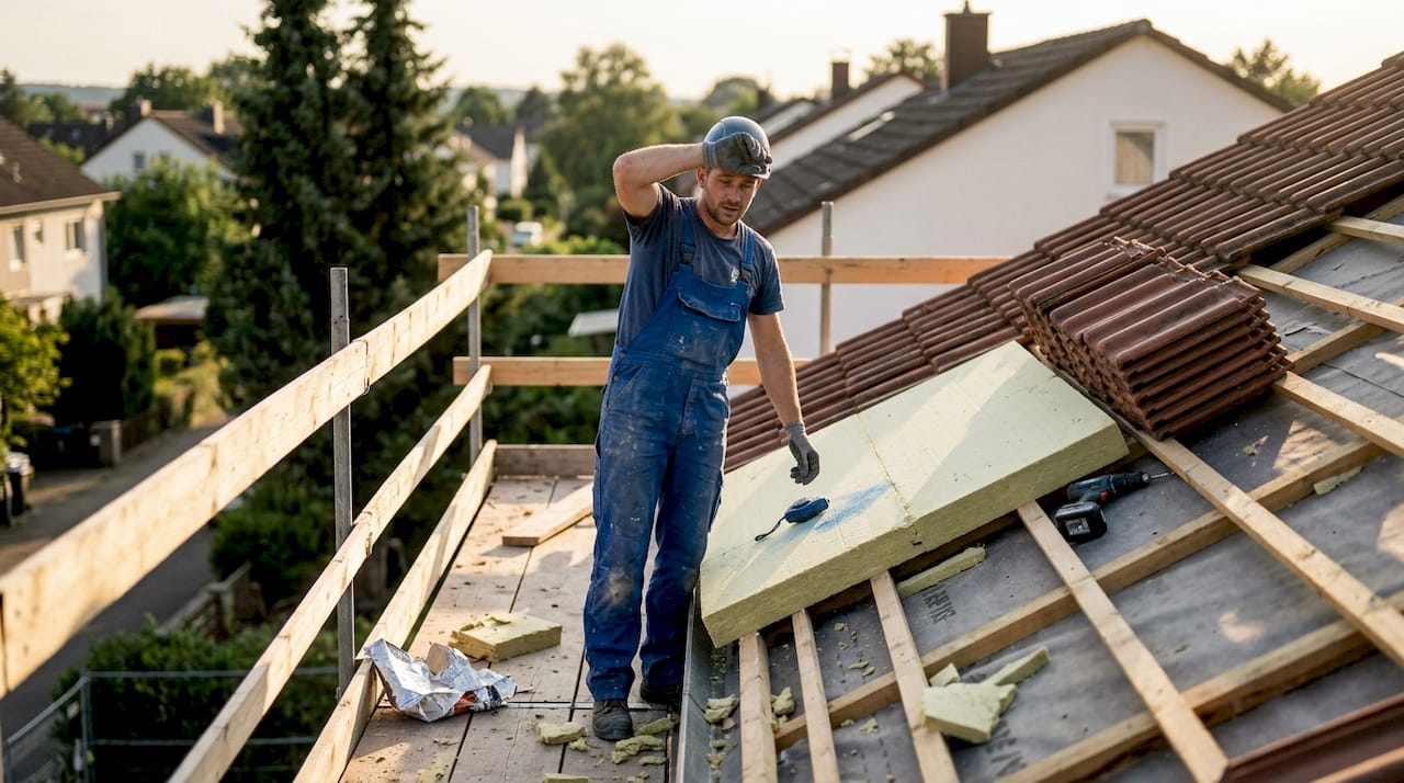Ein Handwerker bringt auf dem Dach sorgfältig Dämmplatten in Position.