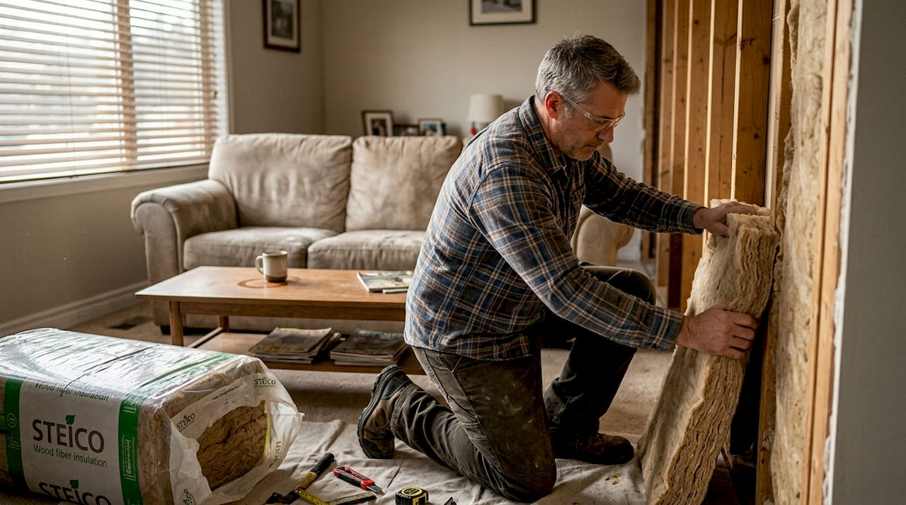 Ein Handwerker bringt eine ökologische Dämmung in der Wand an.