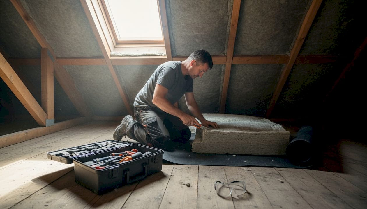 Ein Handwerker bringt die Dämmung im Dachgeschoss fachgerecht an.
