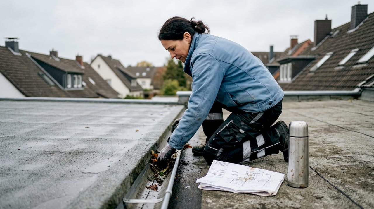 Ein Dachdecker säubert die Regenrinne auf einem Flachdach.