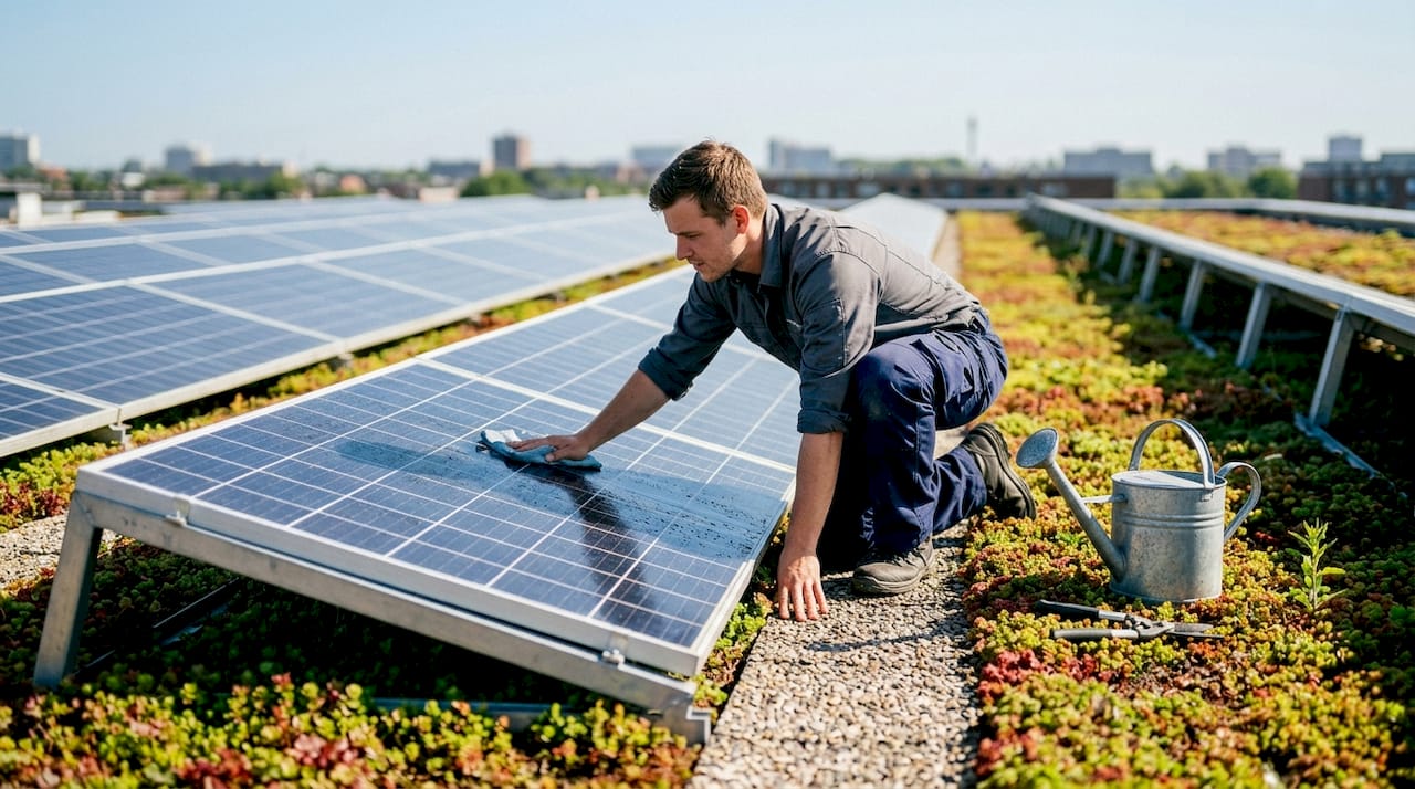 Ein Mitarbeiter reinigt die Solaranlage auf dem begrünten Dach.