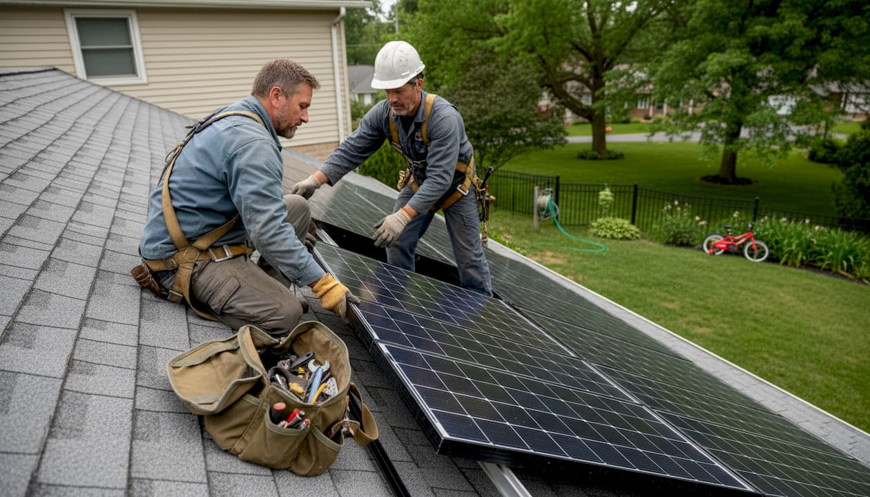 Dachdecker montieren Solarmodule auf dem Hausdach.