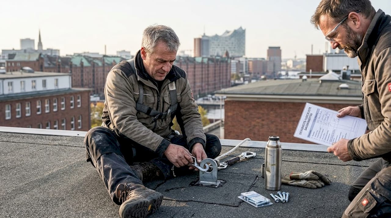 Bevor er aufs Dach steigt, legt der Dachdecker sorgfältig seinen Sicherheitsgurt an.