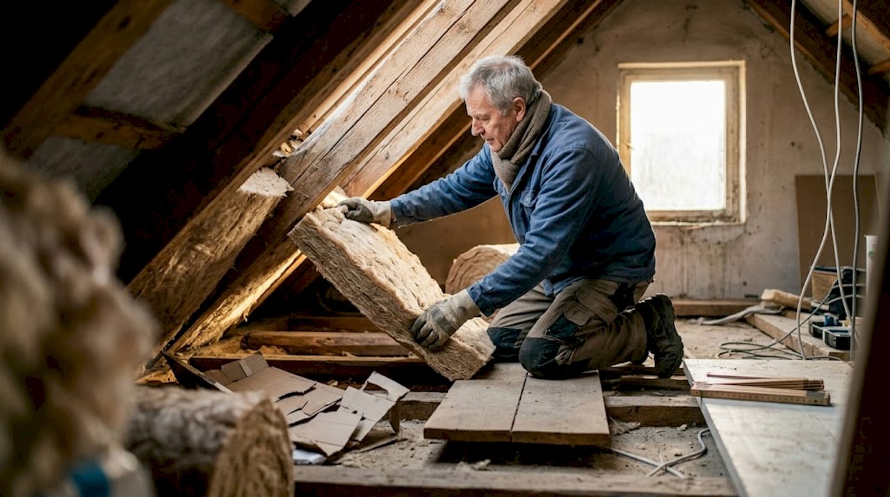 Ein Fachmann für Dacharbeiten bringt eine neue Dämmung auf dem Dachboden an, um die Energieeffizienz des Hauses zu verbessern.