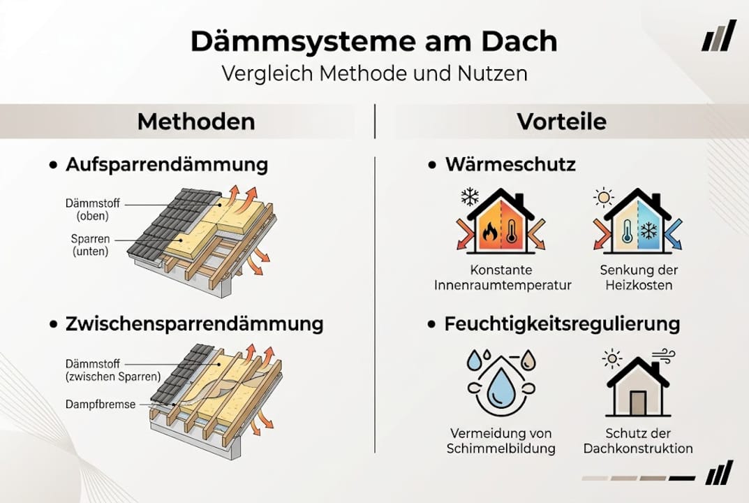 Infografik: Verschiedene Dämmsysteme fürs Dach – Vorteile und Anwendungsweisen auf einen Blick