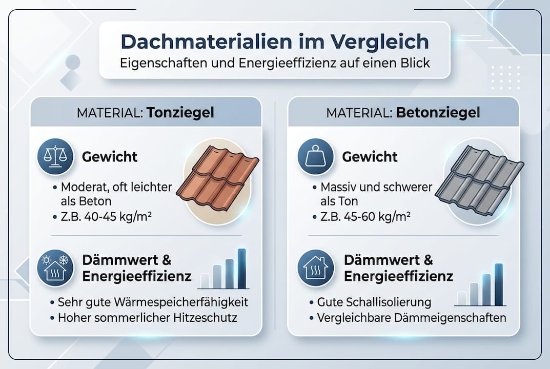 Unsere Infografik zeigt die wichtigsten Dachmaterialien im Vergleich und stellt ihre Eigenschaften übersichtlich gegenüber.