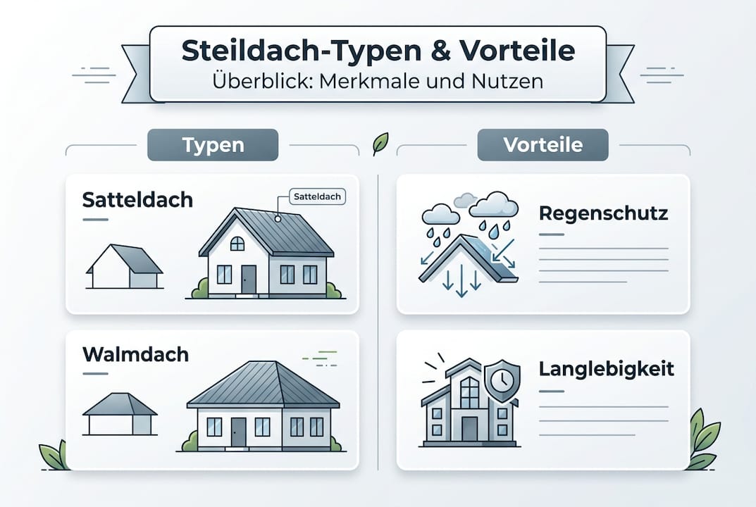 Übersichtsgrafik: Verschiedene Steildachformen und ihre jeweiligen Vorteile auf einen Blick