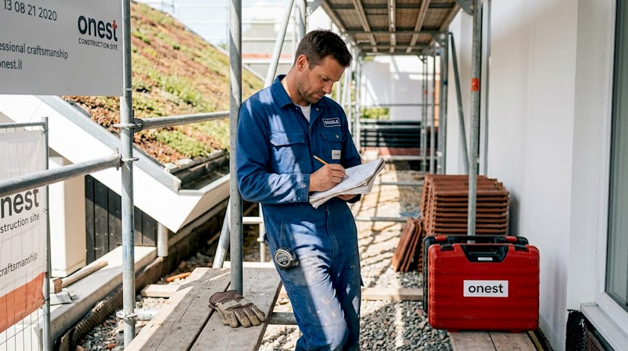 Ein Dachdecker nimmt auf der Baustelle präzise Maß und hält die Werte fest.