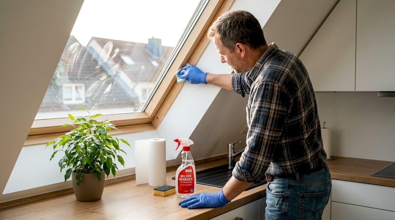 Ein Handwerker reinigt ein Holz-Dachfenster.