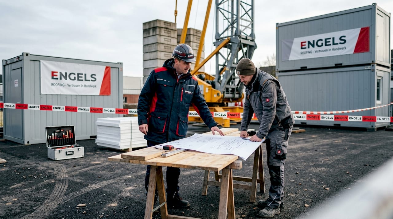 Der Bauleiter bespricht gemeinsam mit den Handwerkern die geplanten Kranarbeiten am Dach.