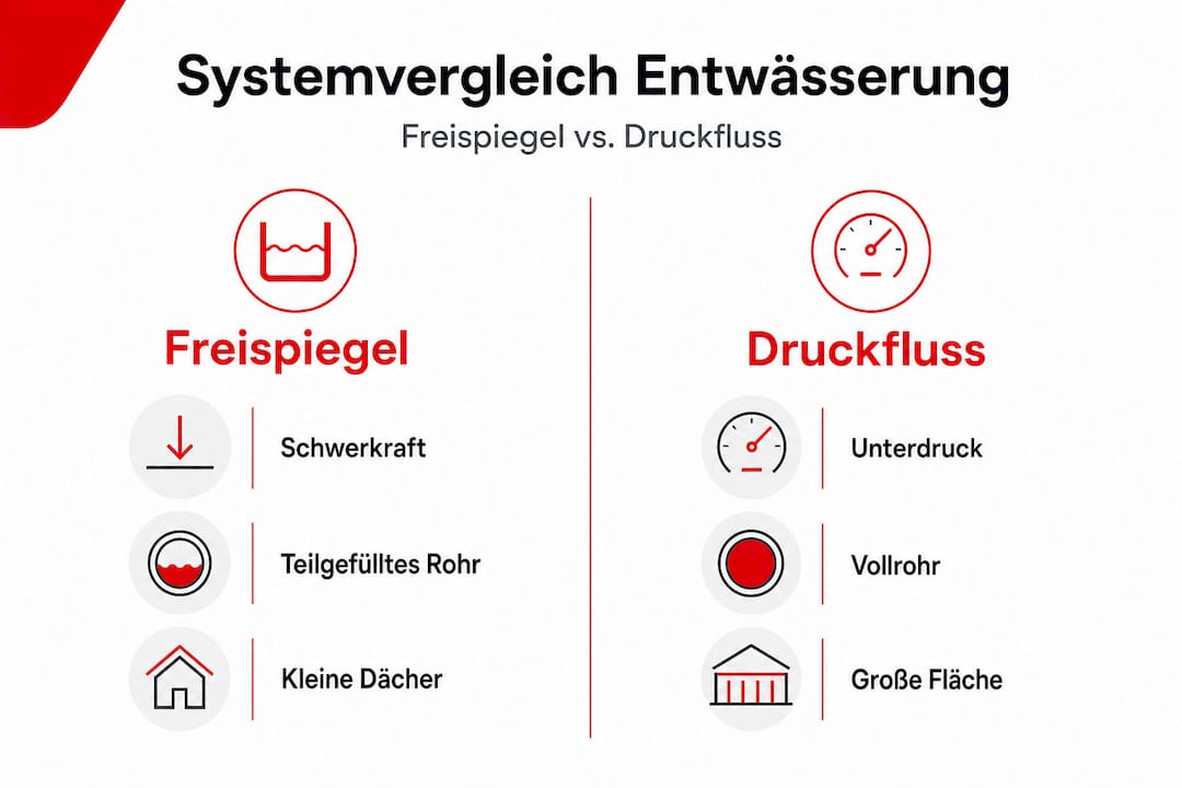 Infografik: Freispiegel- und Druckentwässerung im direkten Vergleich