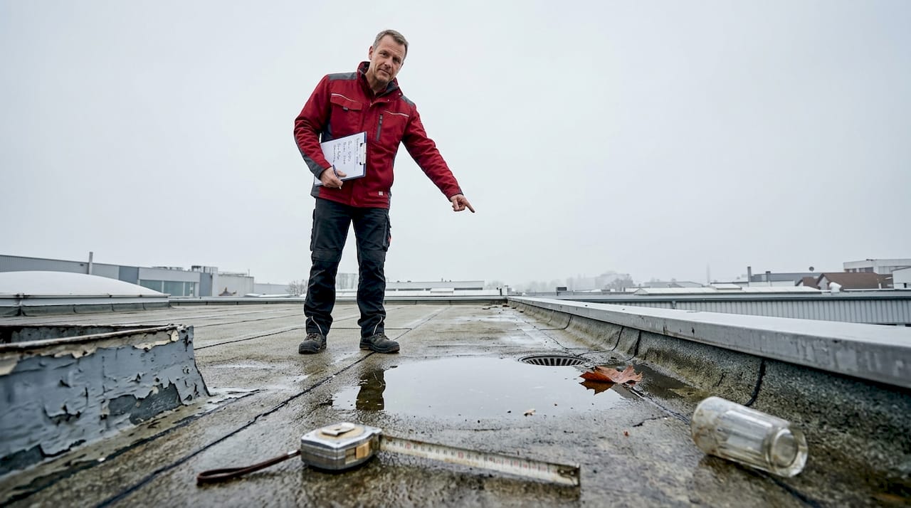 Der Verantwortliche ermittelt die Regenwassermenge, die vom Garagendach abfließt.