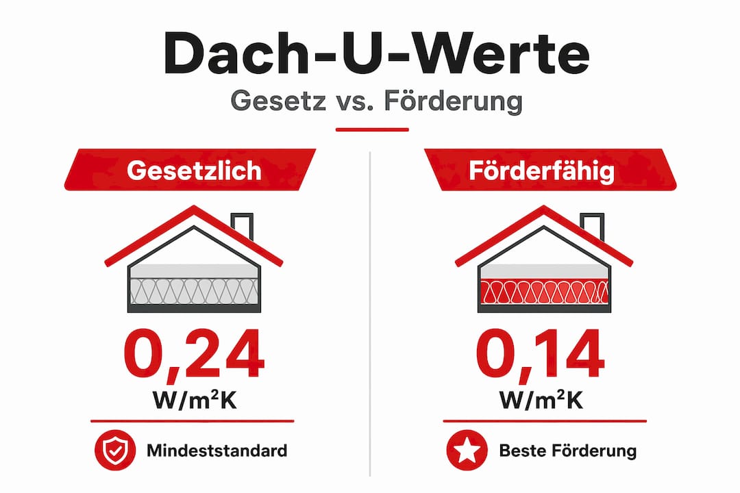 Diese Infografik zeigt auf einen Blick, wie sich die gesetzlichen Mindestanforderungen an den U-Wert von den förderfähigen Standards unterscheiden.