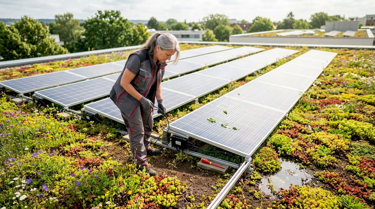 Eine Frau inspiziert Solarpanels auf einem begrünten Flachdach.