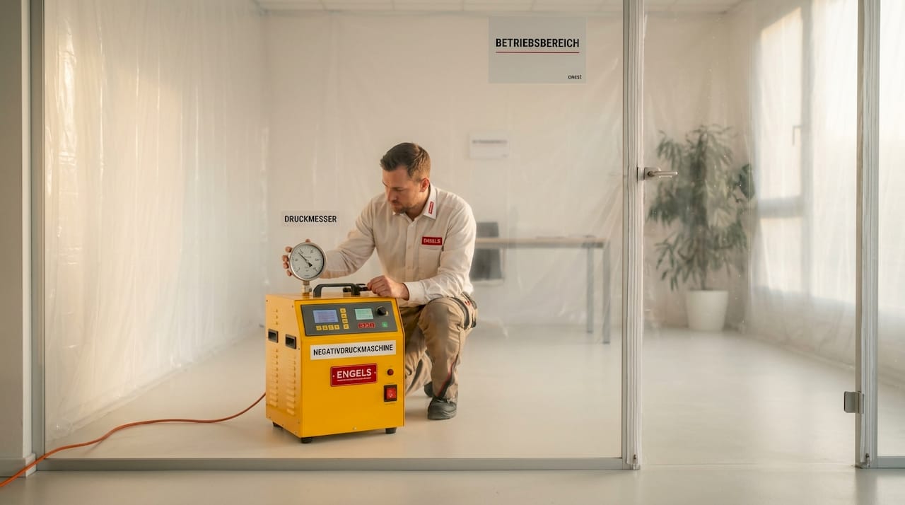 Ein Techniker überprüft den Unterdruck in einem Bereich mit Asbestbelastung.