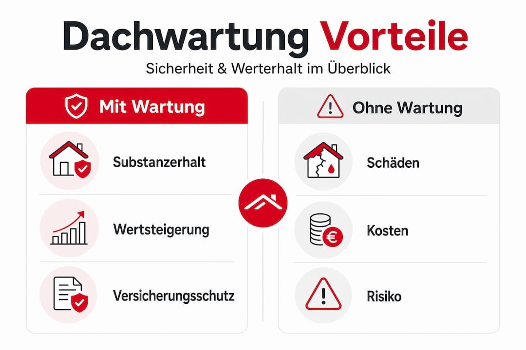 Gegenüberstellung: Chancen und Risiken der regelmäßigen Dachwartung – anschaulich in einer Infografik dargestellt