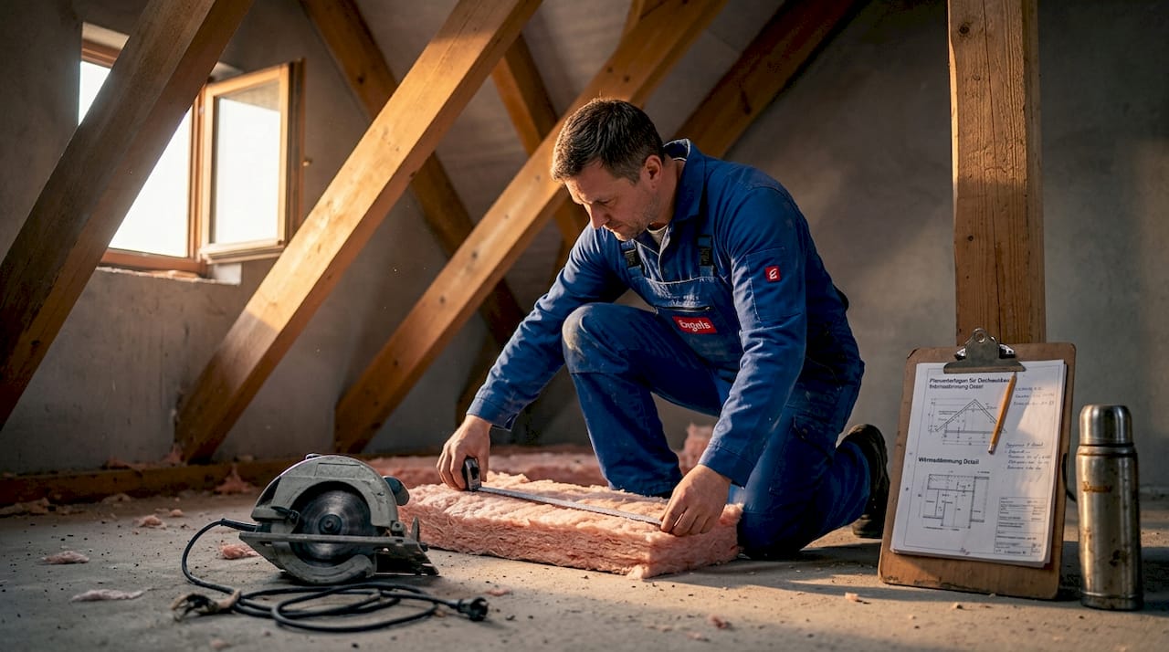 Ein Handwerker prüft die Dämmung im Dachboden, um die Renovierung vorzubereiten.