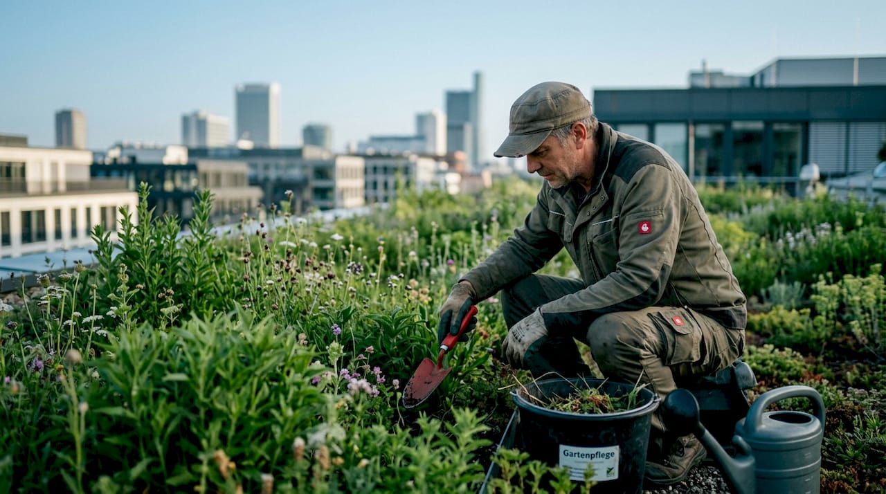 Ein Gärtner pflegt eine üppig begrünte Dachgartenanlage.