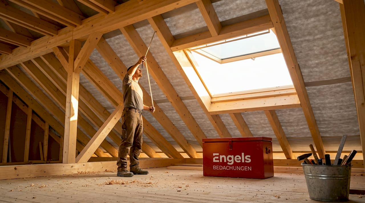 Ein Handwerker kontrolliert die Unterspannbahn auf dem Dachstuhl aus Holz.