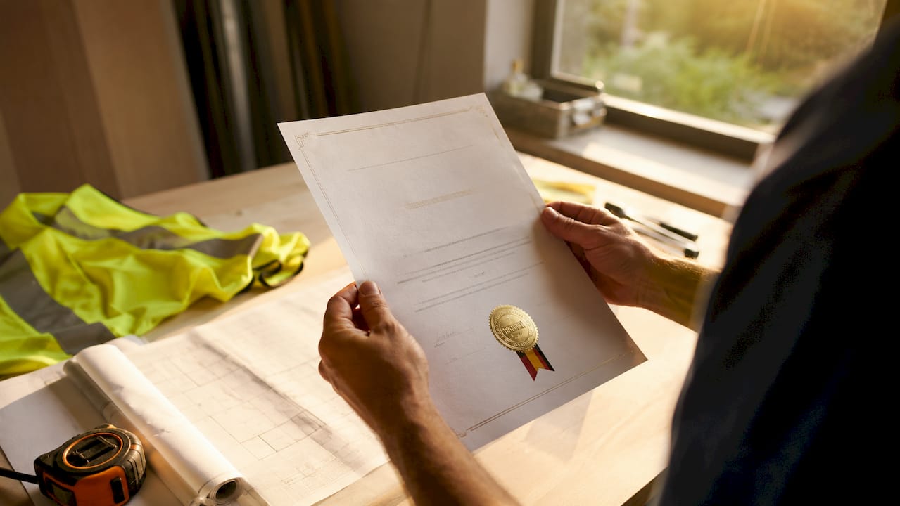 Ein Paar Hände hält stolz den Meisterbrief eines zertifizierten Dachdeckers.