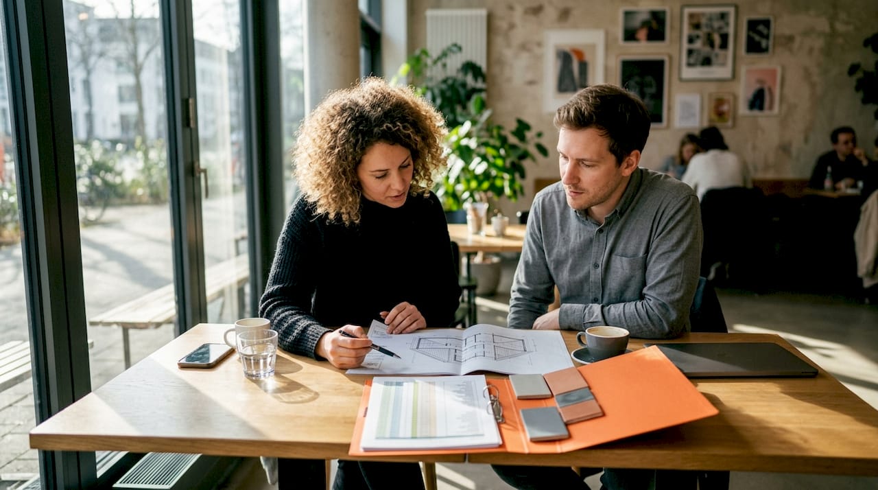 Zwei Dachdecker besprechen gemeinsam Baupläne im Büro.