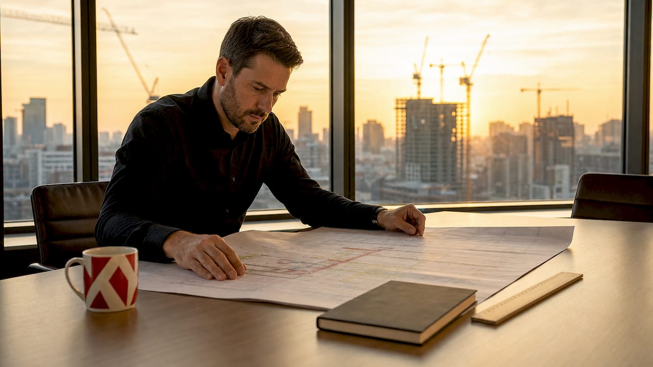 Arbeiterhände greifen zum Bauplan, umgeben von Werkzeug und Baumaterial.