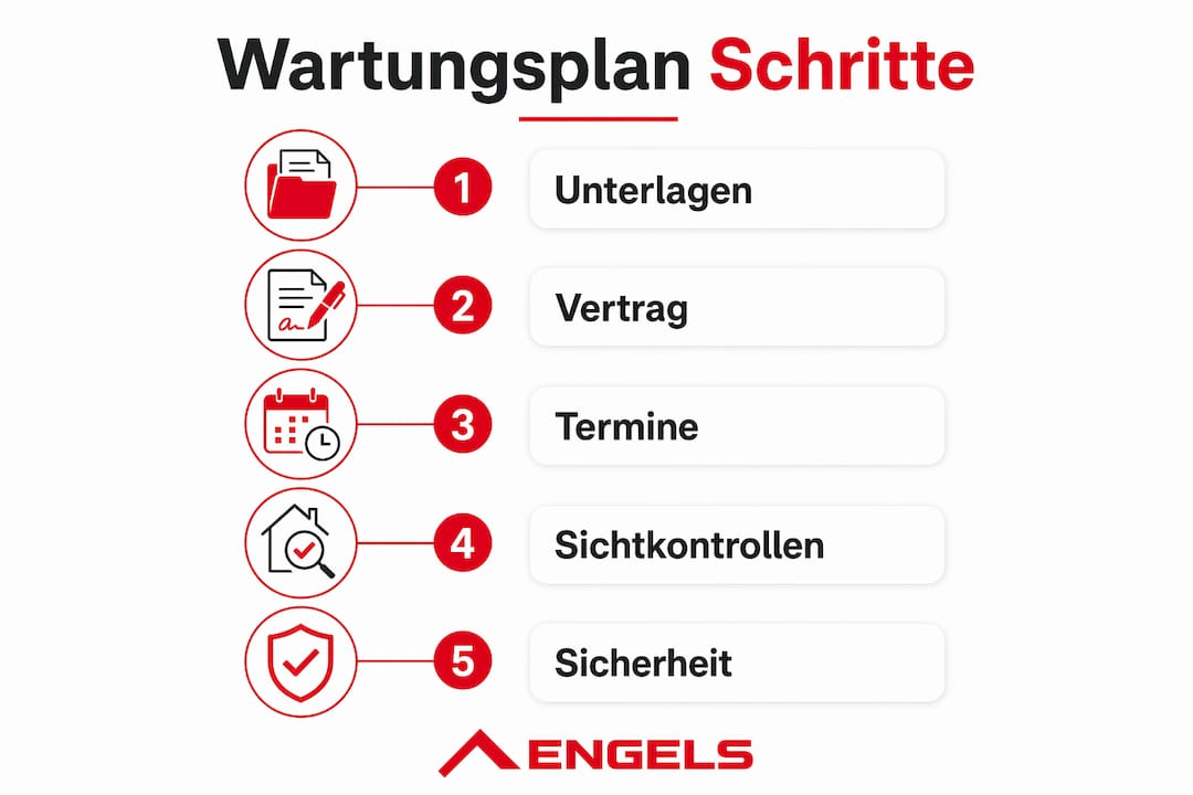 Diese Infografik veranschaulicht die 5 wichtigsten Schritte für eine erfolgreiche Flachdachwartung.