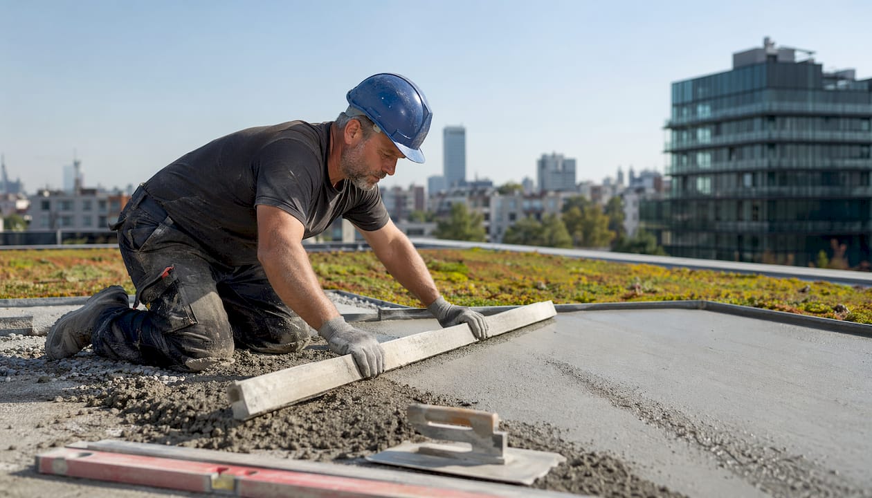 Erfahrene Handwerker bringen auf dem Flachdach fachgerecht einen Gefälleestrich ein, um für den nötigen Wasserablauf zu sorgen.