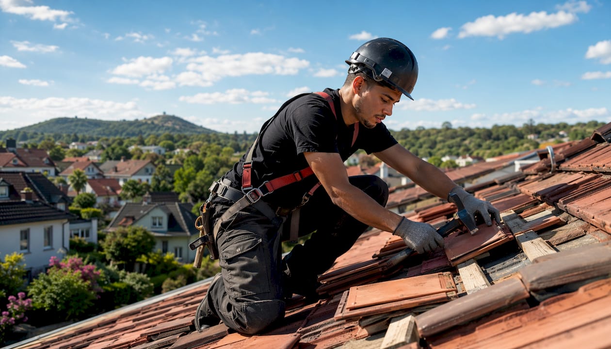Ein Dachdecker führt Reparaturarbeiten auf einem Ziegeldach aus.
