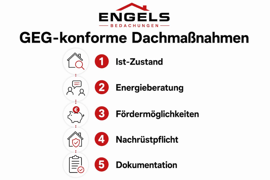 Grafik: In fünf Schritten zur optimalen Dachsanierung nach GEG
