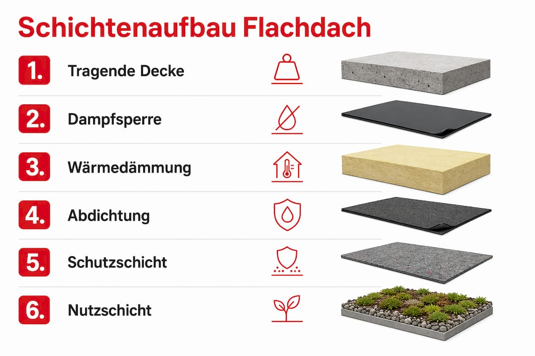 Grafik zur Darstellung des typischen Schichtaufbaus eines Flachdachs