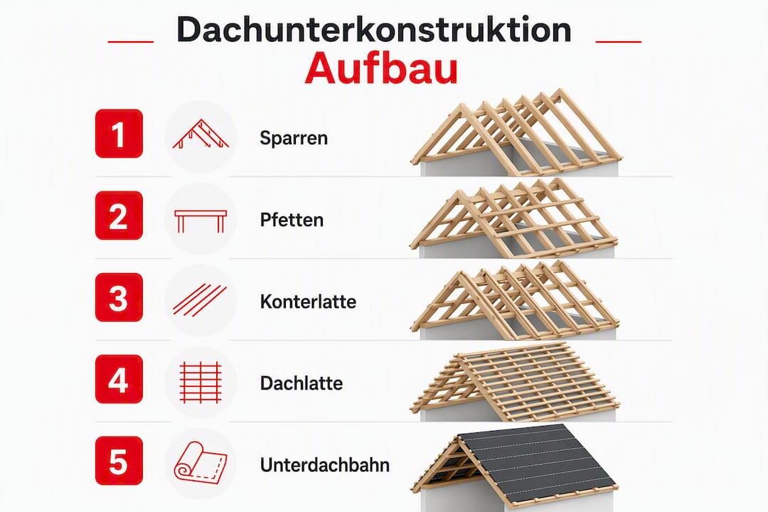 Schritt-für-Schritt-Infografik: So entsteht eine Dachunterkonstruktion