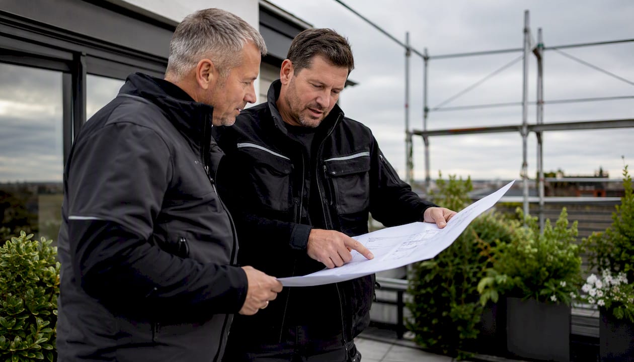 Zwei Dachdecker stehen auf dem Dach und stimmen sich über die nächsten Arbeitsschritte ab.