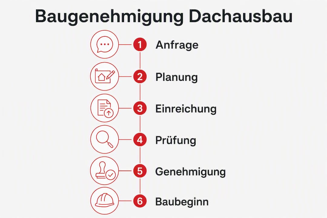 Diese Infografik veranschaulicht Schritt für Schritt, wie die Baugenehmigung für einen Dachausbau abläuft.