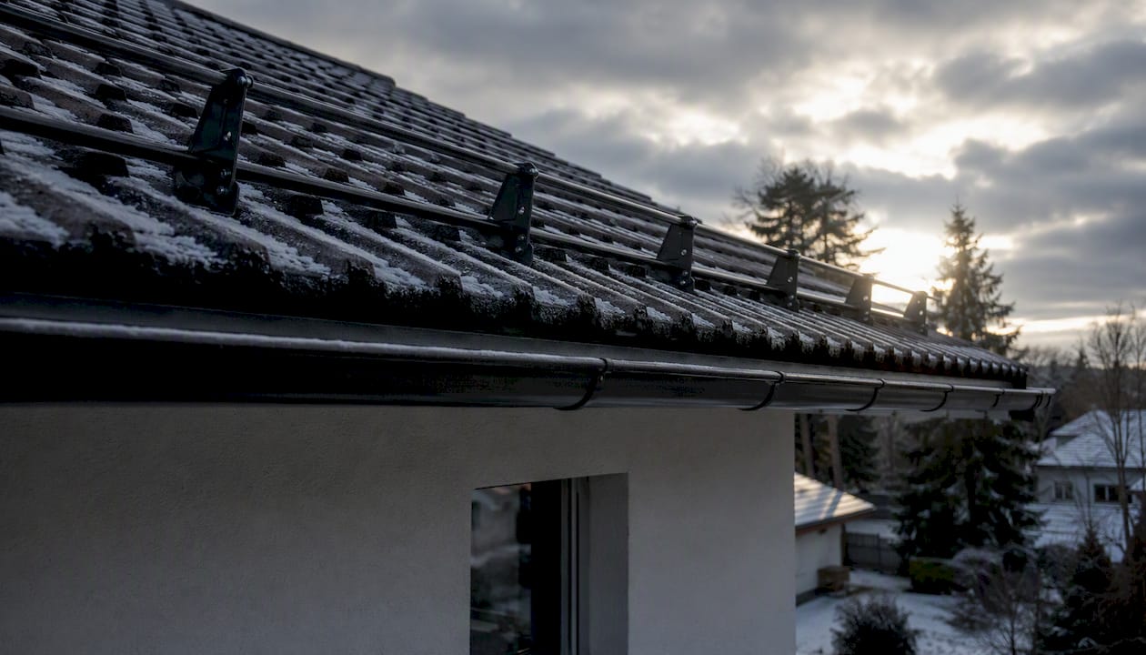 Detailaufnahme eines Schneefangs am Dachrand